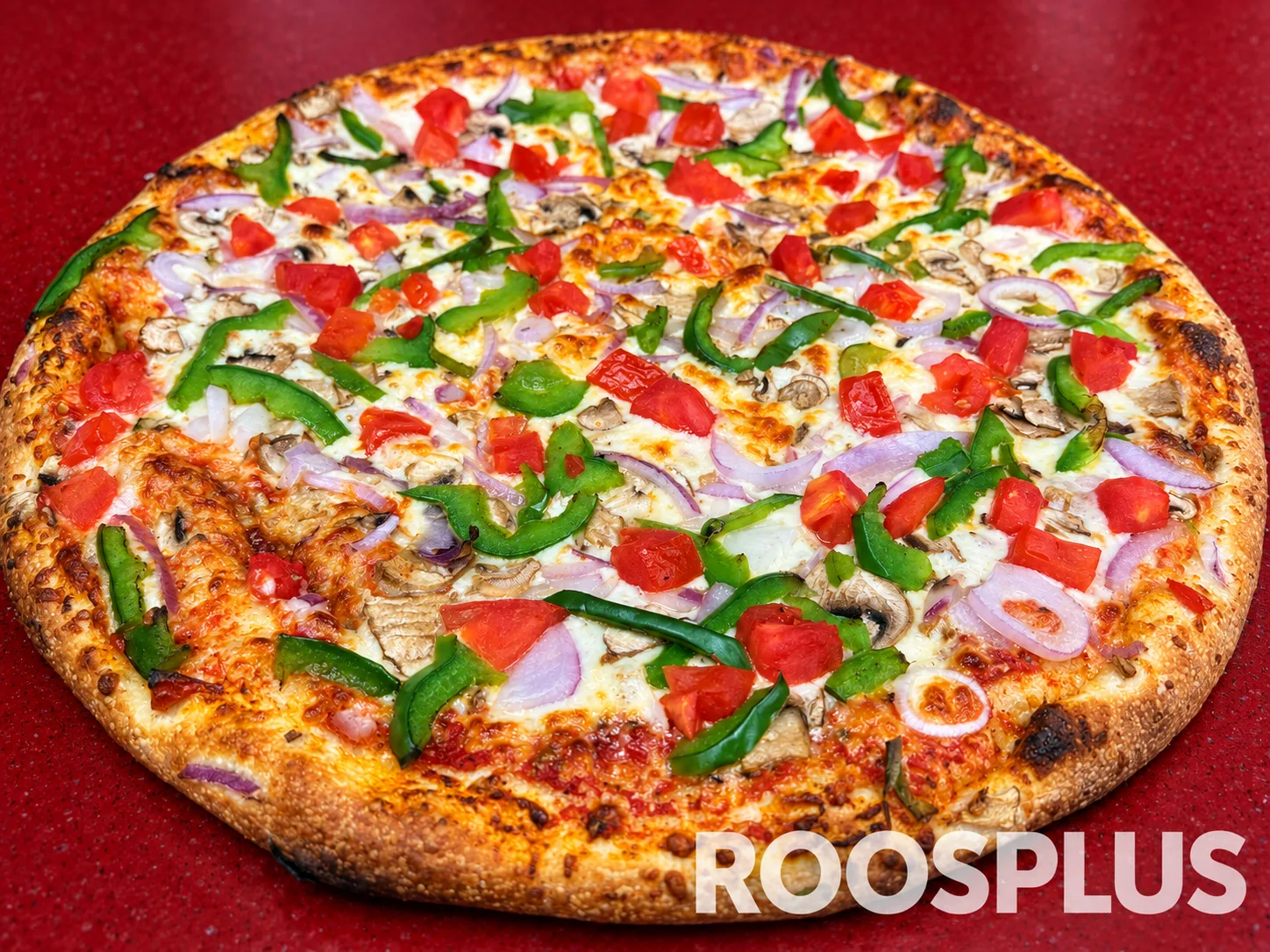 Vegetable pizza topped with diced tomatoes, green peppers, mushrooms and red onion at Bismillah Pizza, Eglinton Avenue East, Scarborough.