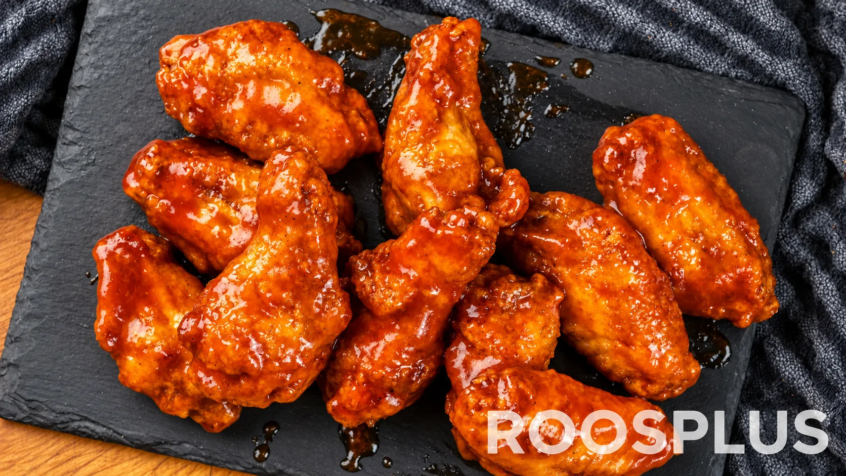 Chicken wings coated in a glossy red-brown sauce on a dark serving board at Bismillah Pizza, Eglinton Avenue East, Scarborough.