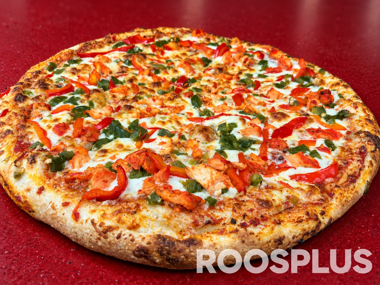 Low-angle view of chicken and pepper toppings over melted cheese and a browned crust at Bismillah Pizza, Eglinton Avenue East, Scarborough.