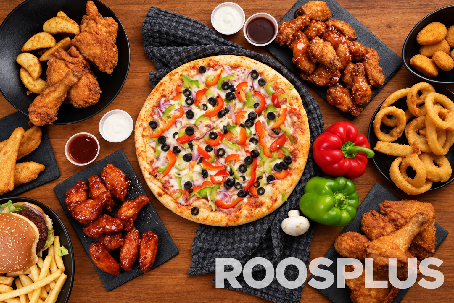 Overhead food spread featuring vegetable pizza, sauced wings, fried chicken, onion rings and dipping sauces at Bismillah Pizza, Eglinton Avenue East, Scarborough.