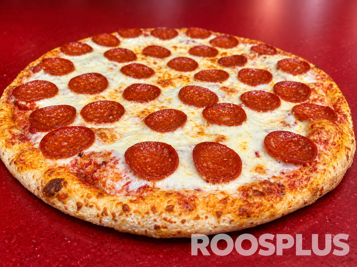 Low-angle view of a salami pizza showing its golden crust and melted cheese at Bismillah Pizza, Eglinton Avenue East, Scarborough.