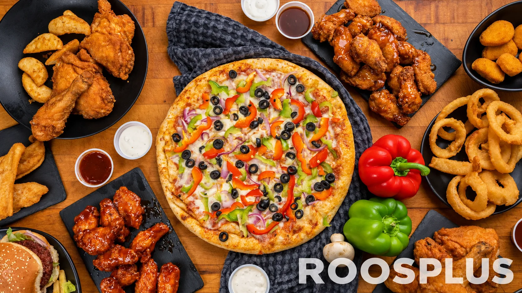 Vegetable pizza surrounded by chicken wings, onion rings, fried chicken, dips and other sides at Bismillah Pizza, Eglinton Avenue East, Scarborough.