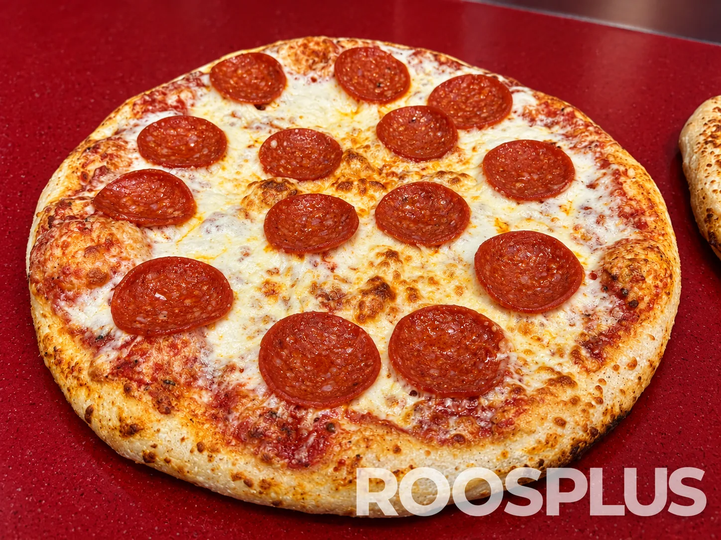 Close view of salami slices over melted cheese and a golden pizza crust at Bismillah Pizza, Eglinton Avenue East, Scarborough.