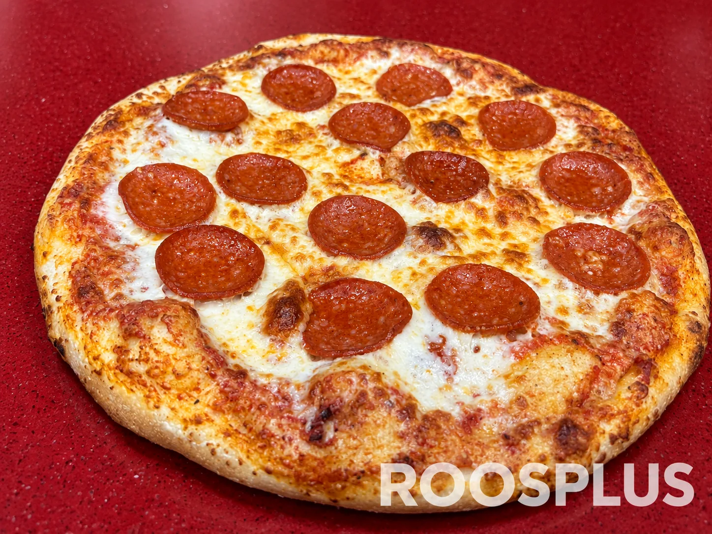 Pizza topped with round salami slices and browned mozzarella cheese at Bismillah Pizza, Eglinton Avenue East, Scarborough.