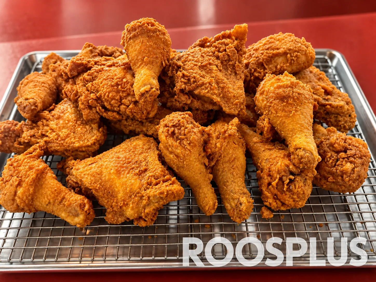 A selection of golden breaded chicken pieces on a wire serving rack at Bismillah Pizza, Eglinton Avenue East, Scarborough.
