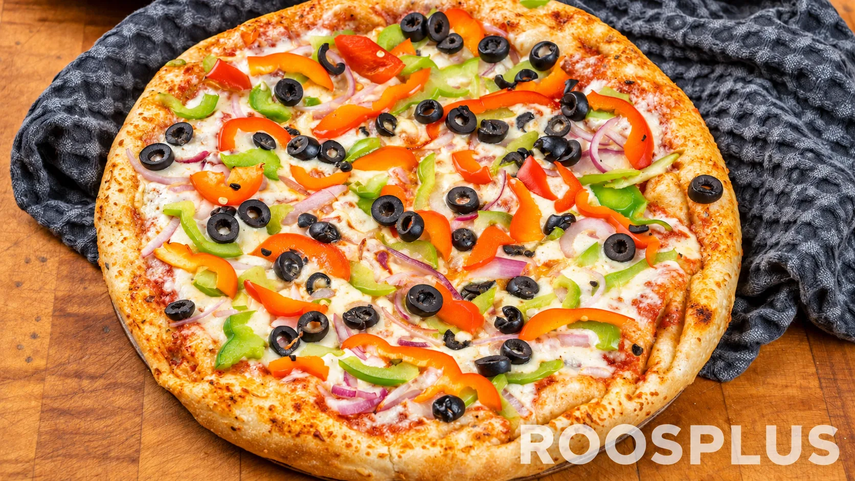 Pizza topped with black olives, red onion, and colourful peppers at Bismillah Pizza, Eglinton Avenue East, Scarborough.