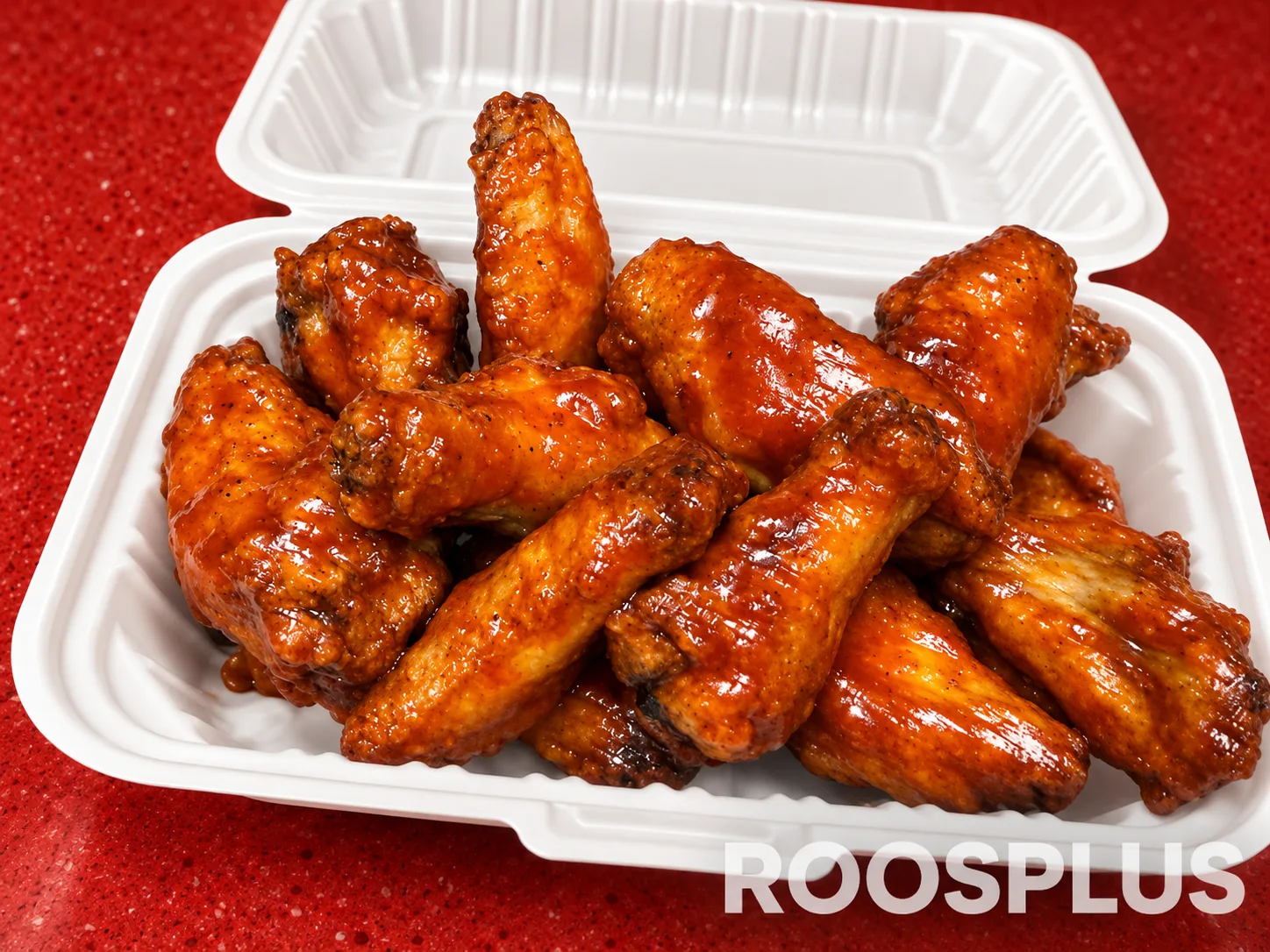 Chicken wings coated in red-brown sauce in an open white takeaway tray at Bismillah Pizza, Eglinton Avenue East, Scarborough.