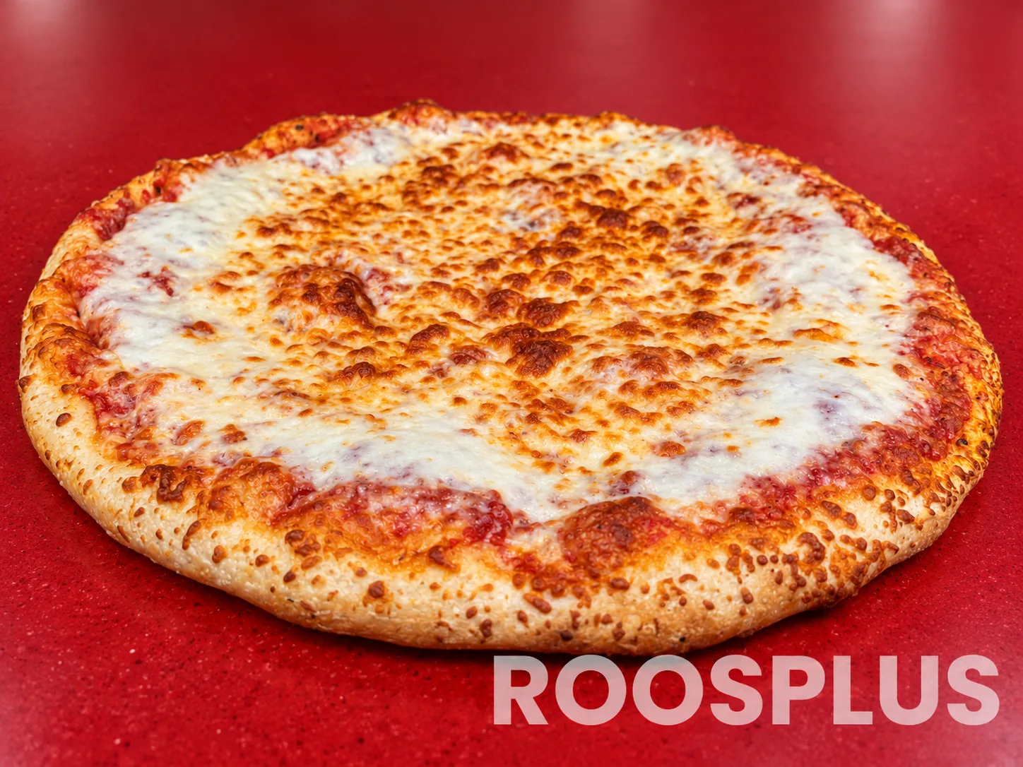 Full view of a classic cheese pizza with a browned mozzarella topping at Bismillah Pizza, Eglinton Avenue East, Scarborough.